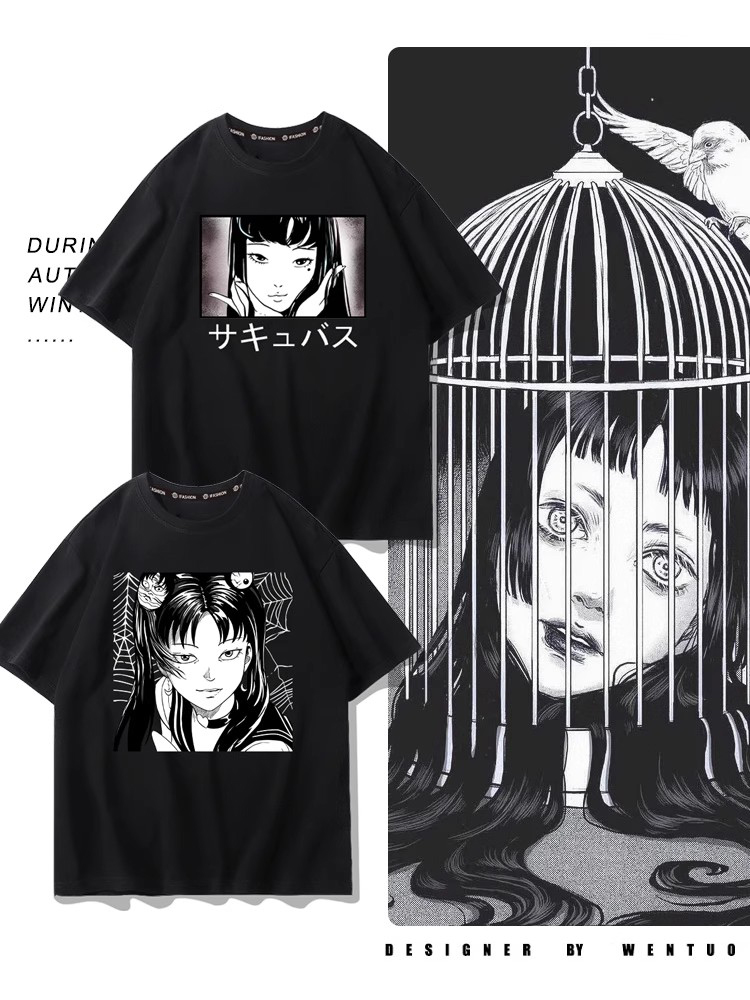 川上富江アニメ半袖Tシャツメンズホラー漫画伊藤潤二連名Tシャツ純綿ゆったり服夏